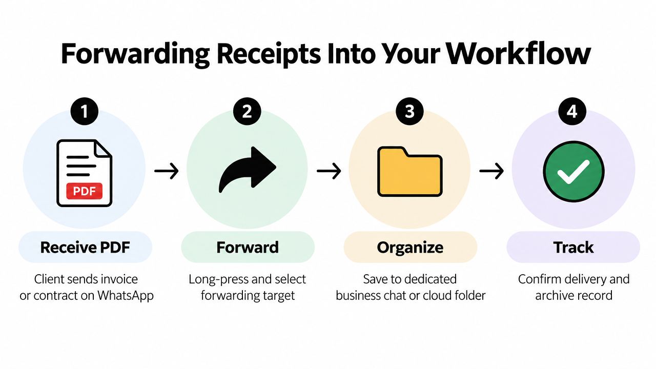 A four-step infographic illustrating how to forward PDF receipts from WhatsApp into a digital workflow.