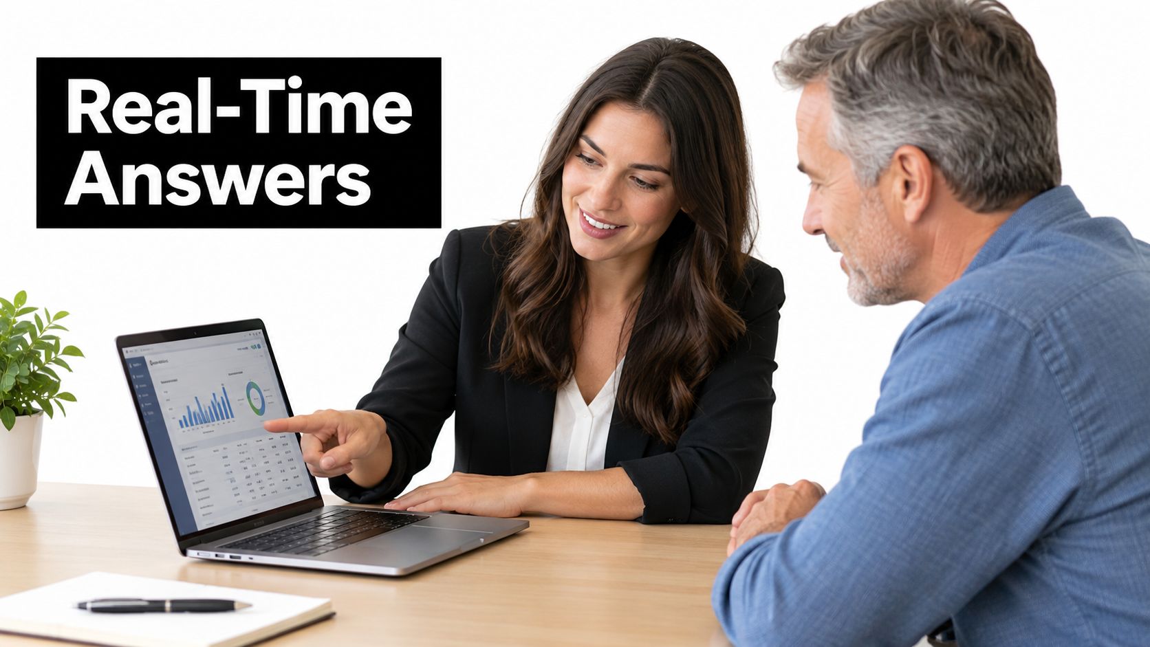 A professional bookkeeper explains financial dashboard data on a laptop screen to an interested male client.