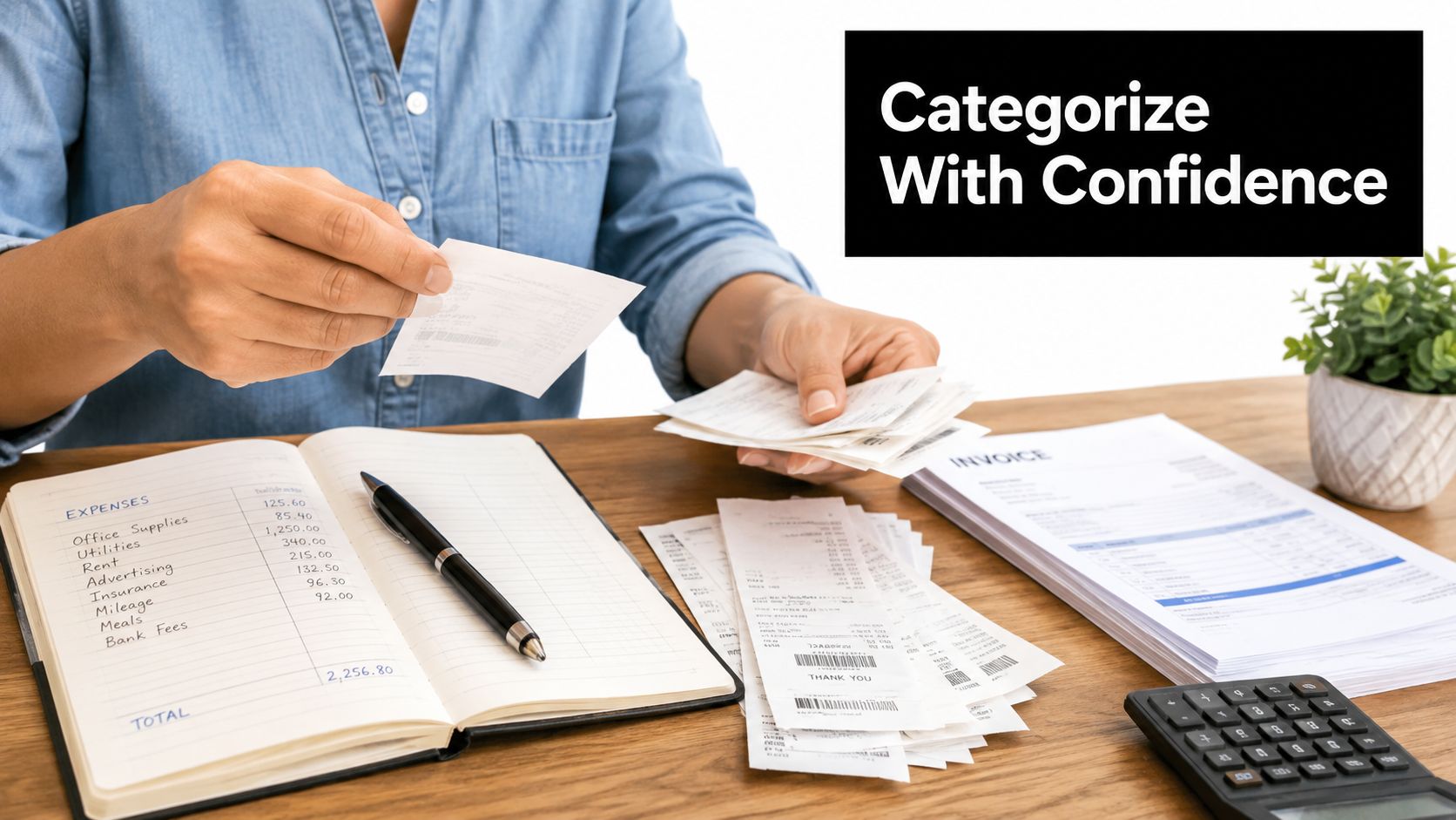 A person organizing business receipts and invoices into an expense notebook while sitting at a wooden desk.
