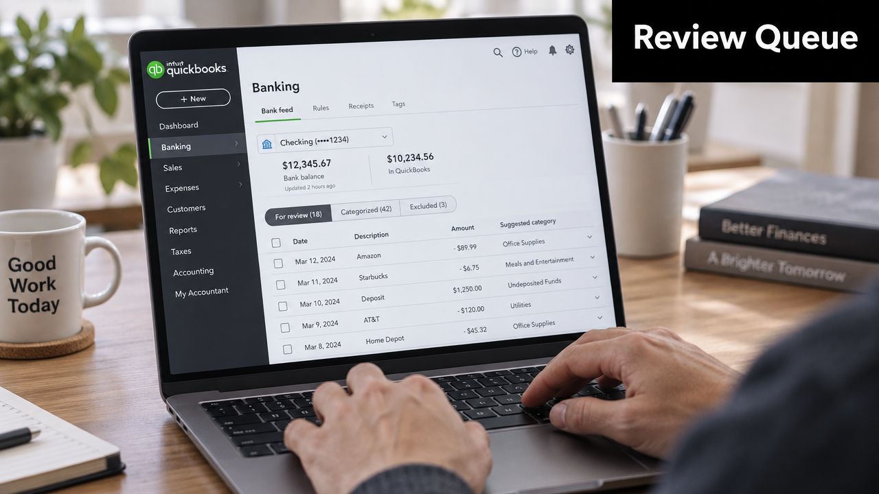 A person using a laptop to manage banking and expenses in the QuickBooks Online dashboard software interface.