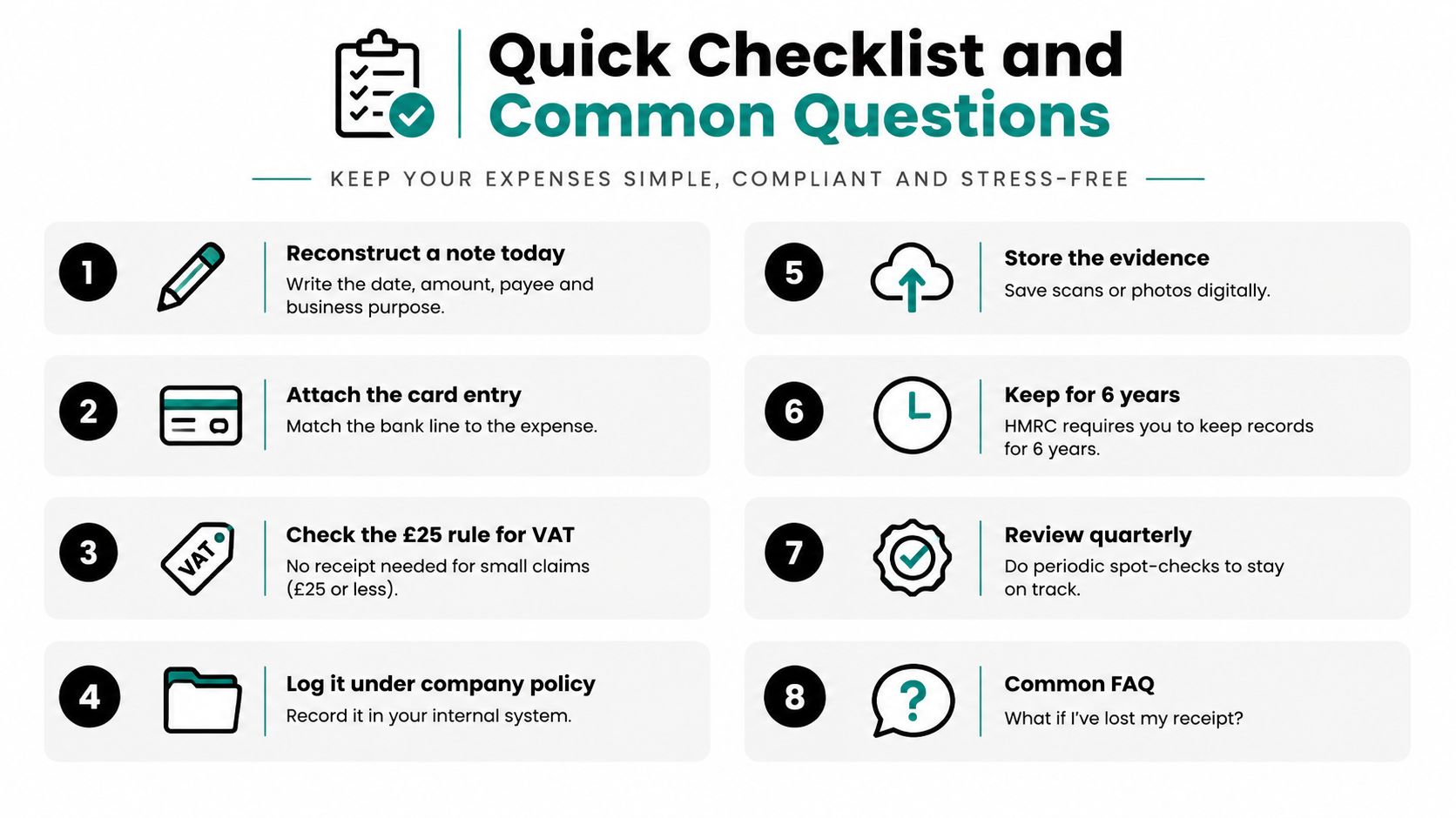 A numbered infographic checklist with eight tips for managing business expenses and receipts professionally and compliantly.