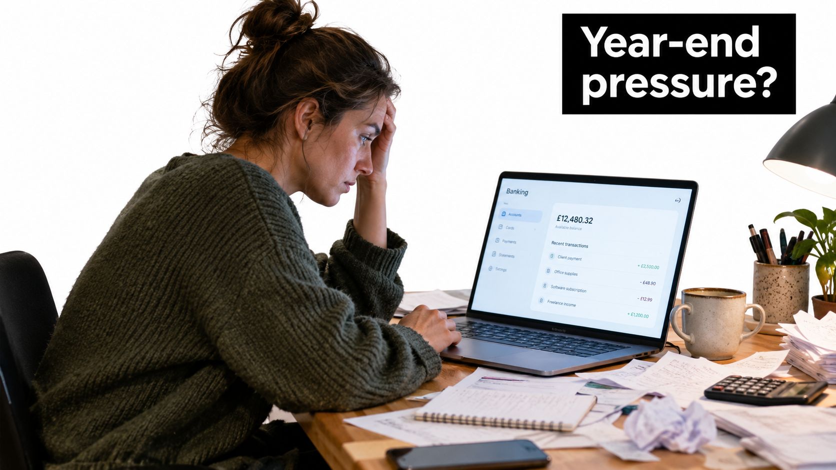 A woman looks stressed while reviewing financial bank statements on her laptop at a cluttered desk.