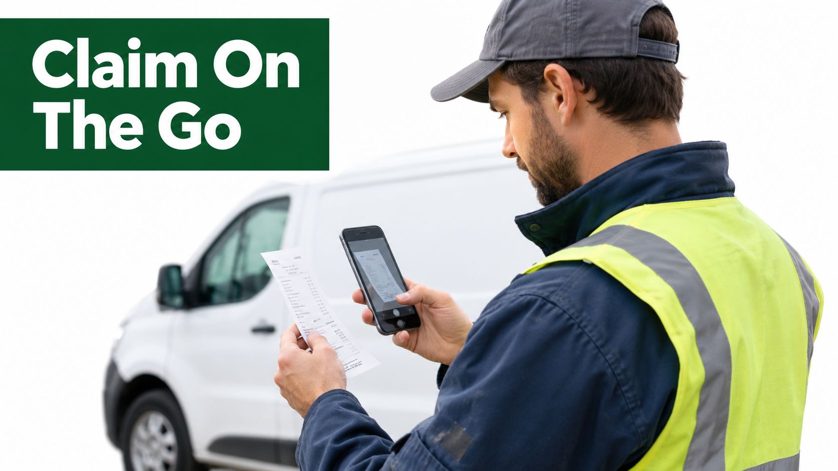 A worker in a high-visibility vest uses a smartphone to scan a receipt for expense claims.