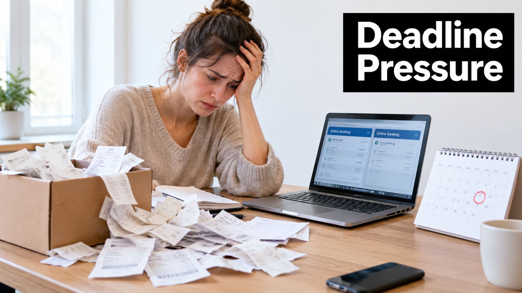 A stressed woman sits at a desk cluttered with financial receipts while looking at a laptop.