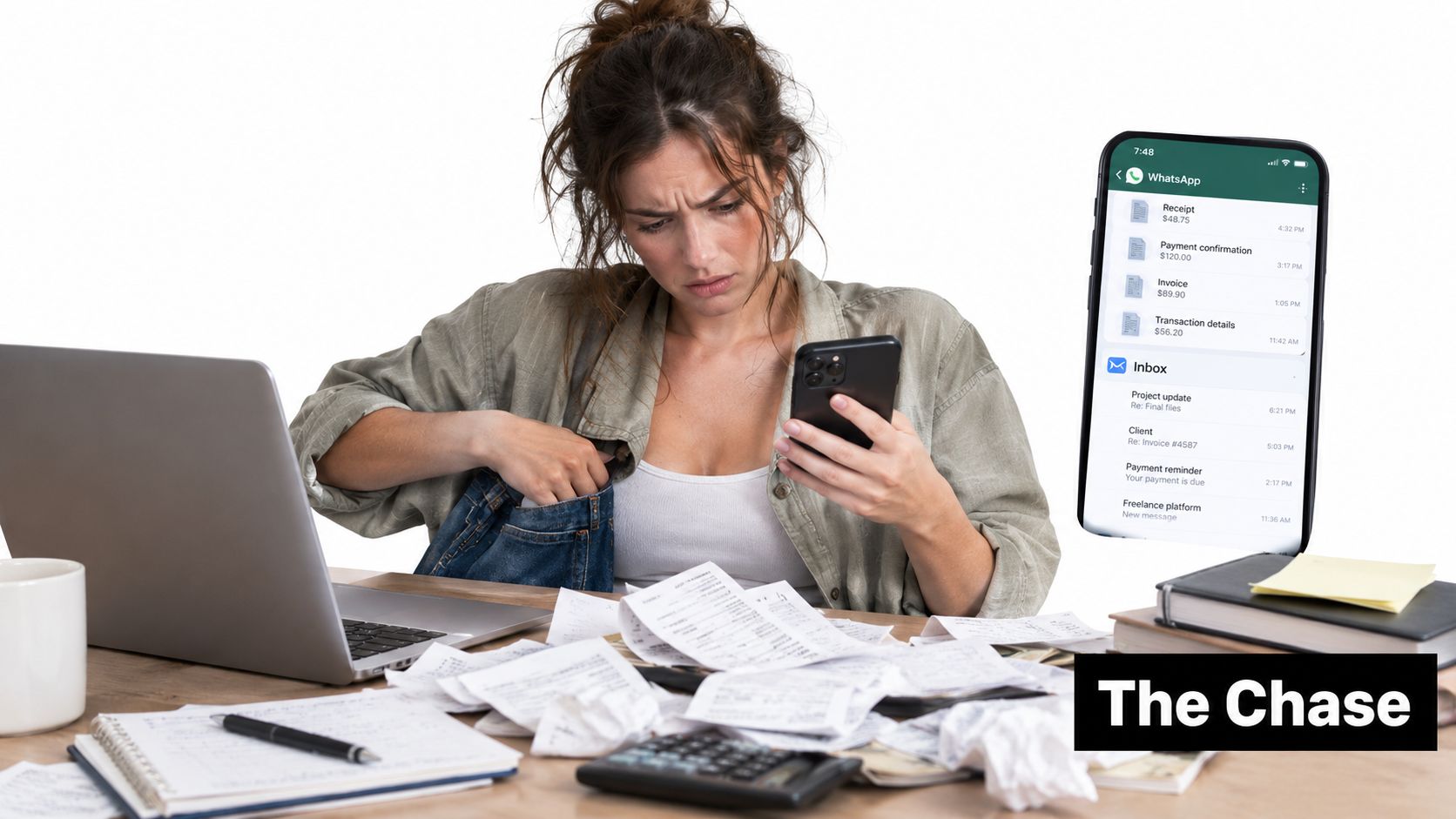 A woman looks stressed while sorting through many paper receipts and using her smartphone for business expenses.