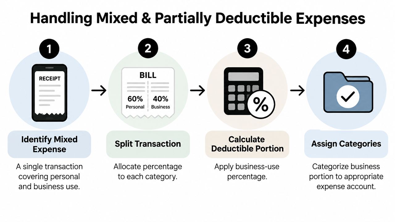 A four-step infographic illustrating how to handle mixed personal and business expenses for tax deduction purposes.