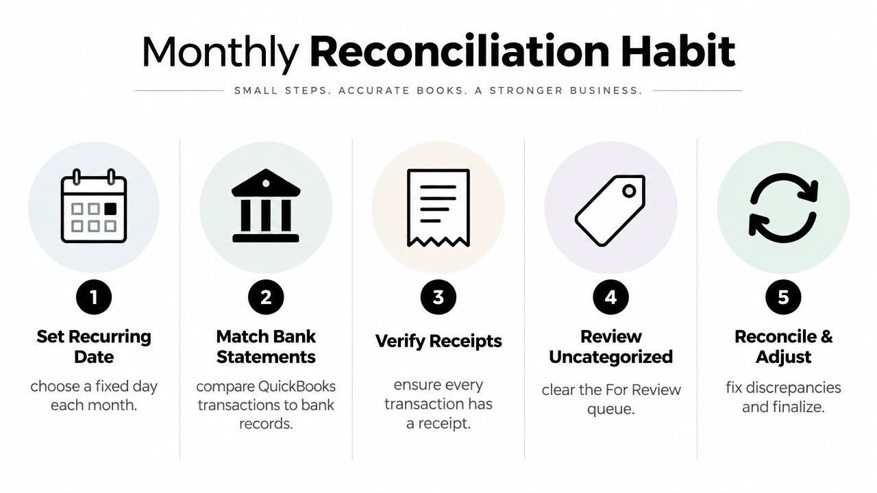 A five-step guide for a monthly reconciliation habit to ensure accurate business accounting and bookkeeping.