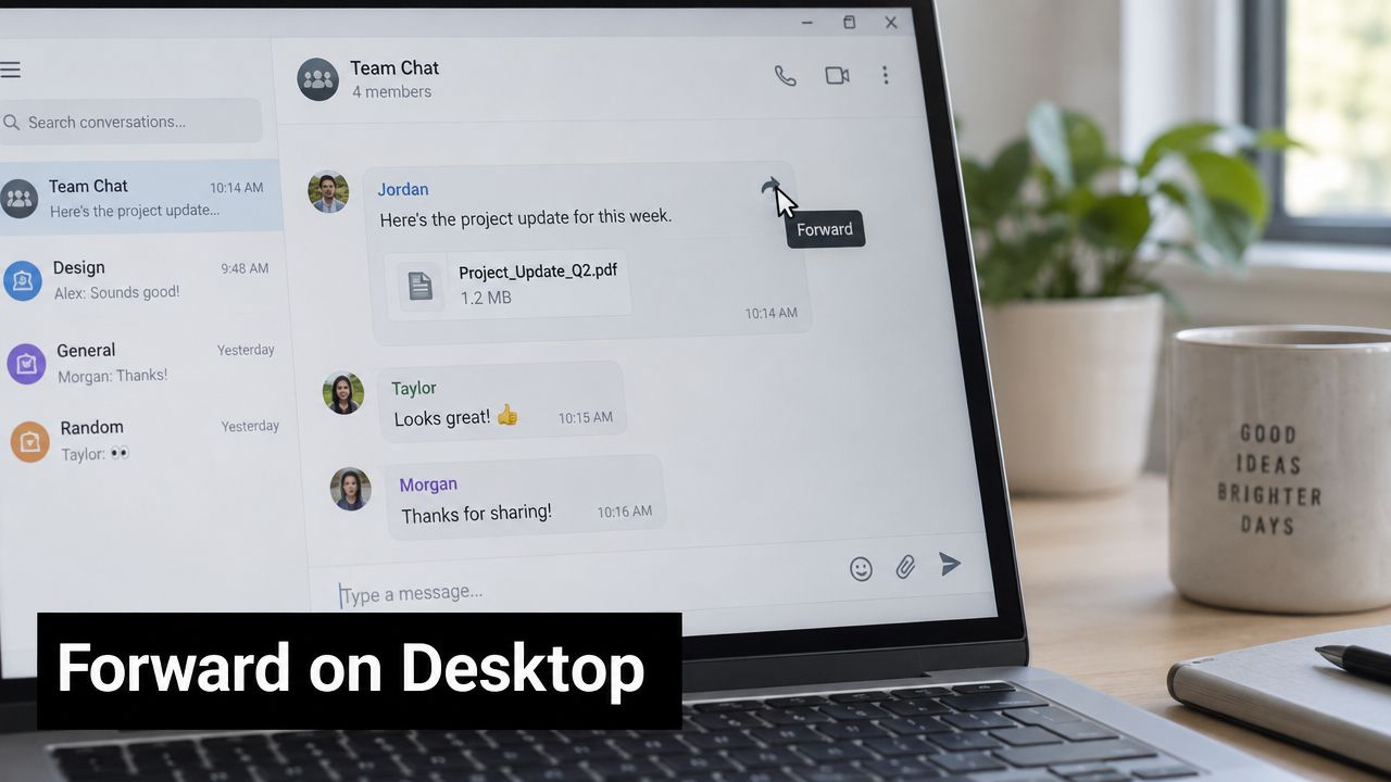 A laptop screen showing a team chat application with a cursor hovering over the forward message icon.