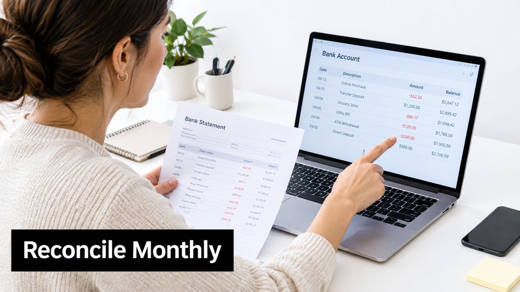 A woman reviewing her bank statement and comparing it to digital banking records on a laptop screen.