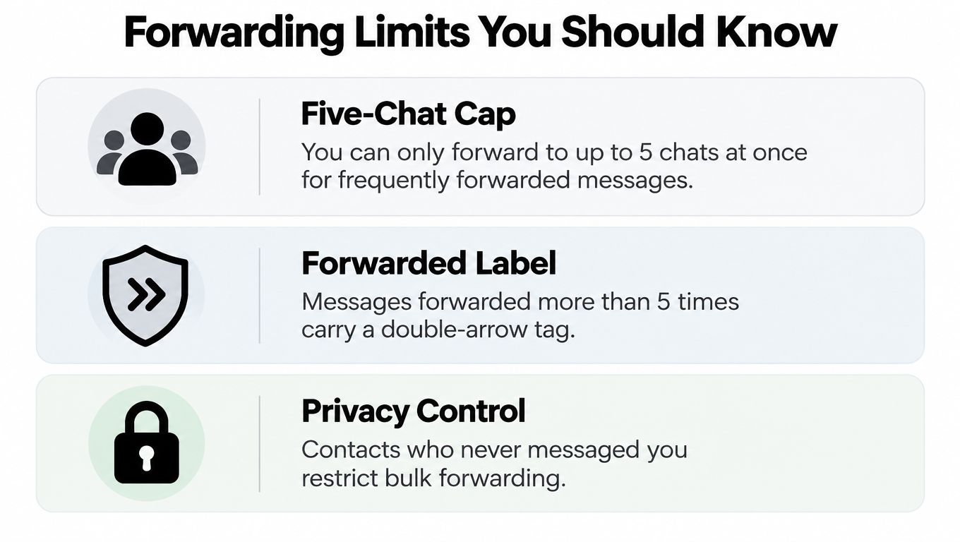 An infographic detailing WhatsApp message forwarding limits, including chat caps, the double-arrow label, and privacy controls.