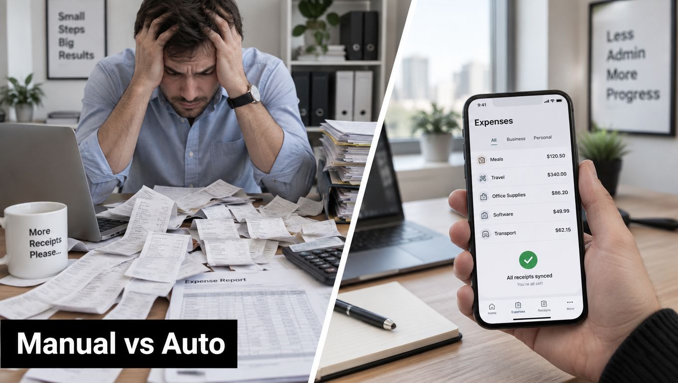 A comparison showing a stressed person managing paper receipts versus a hand using a digital expense app.