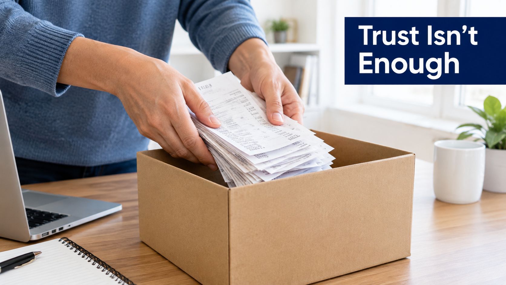 A person organizing a large stack of paper receipts into a cardboard box on a desk.