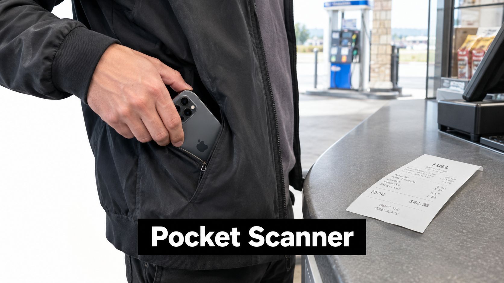 A person placing an iPhone into their jacket pocket next to a gas station receipt on a counter.