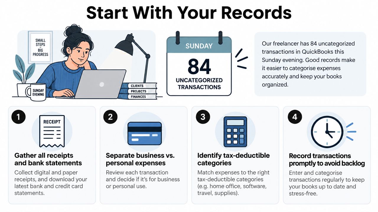 A freelancer reviewing eighty-four uncategorized QuickBooks transactions to organize business finances and expenses on a Sunday.