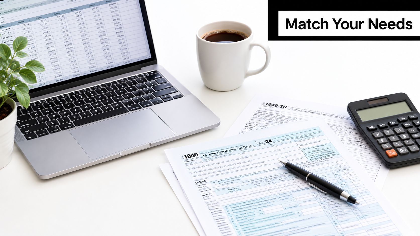 A workspace featuring a laptop, tax forms, a coffee mug, and a calculator on a desk.