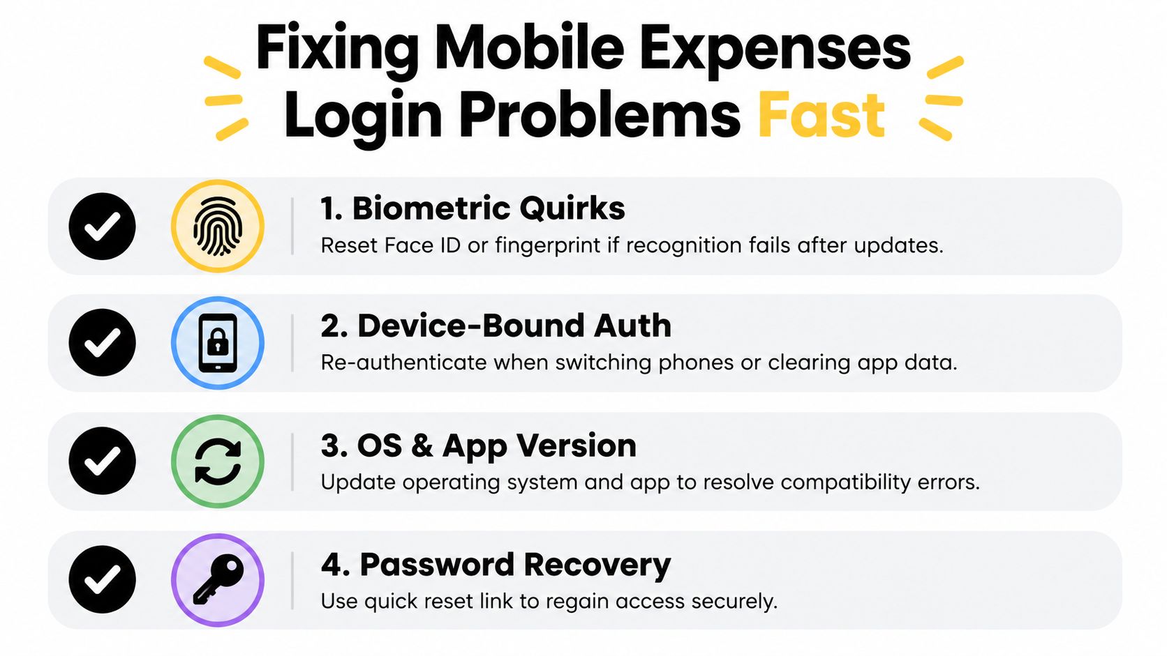 A list of four actionable tips to quickly fix mobile expenses login problems and authentication issues.