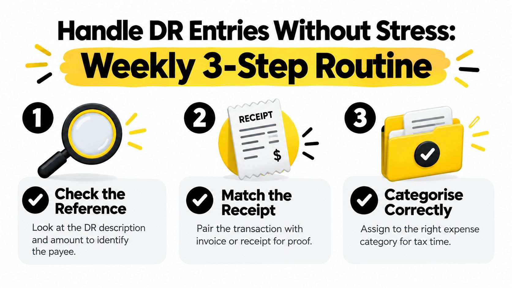 An infographic showing a simple three-step weekly routine to organize and categorize bank statement debit entries.