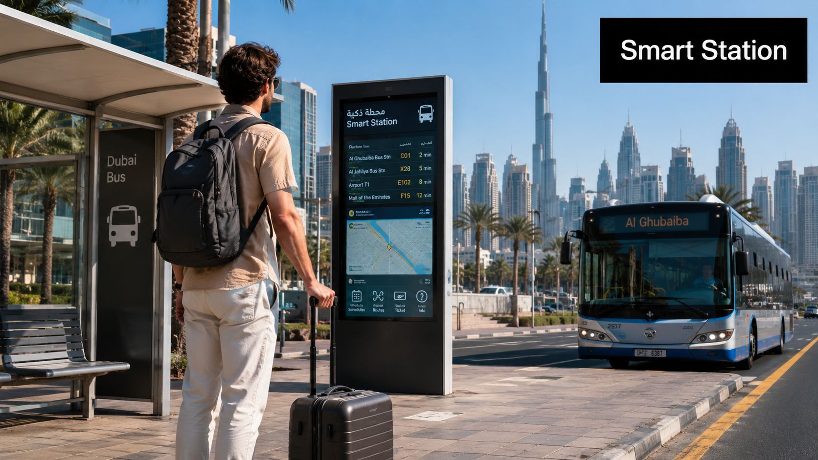 Bus to Mall of Emirates: Routes, Stops and Travel Tips 1 A traveler with a backpack and suitcase waiting at a modern Dubai bus stop with digital signage.