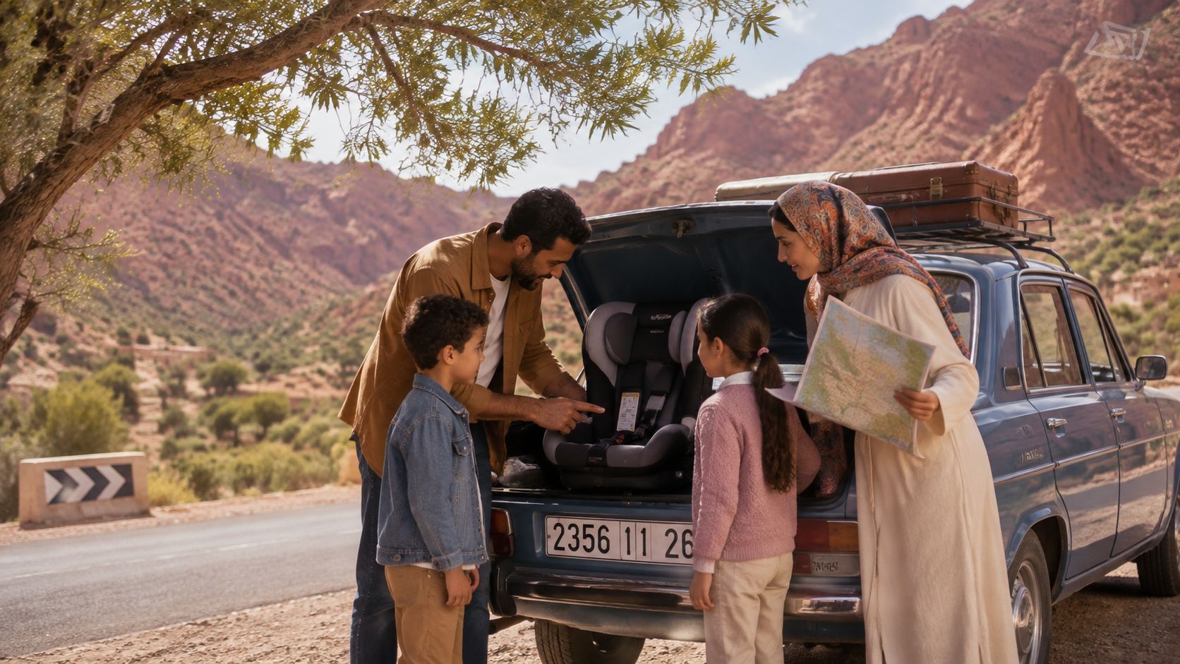 Une famille avec deux enfants examine un siège auto dans le coffre d'une voiture en montagne.