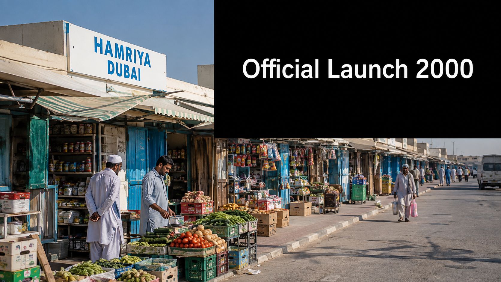 Friday Market Dubai: Your Complete 2026 Visitor Guide 2 Traditional outdoor market stalls in Hamriya, Dubai, featuring fresh produce and shoppers on a sunny day.