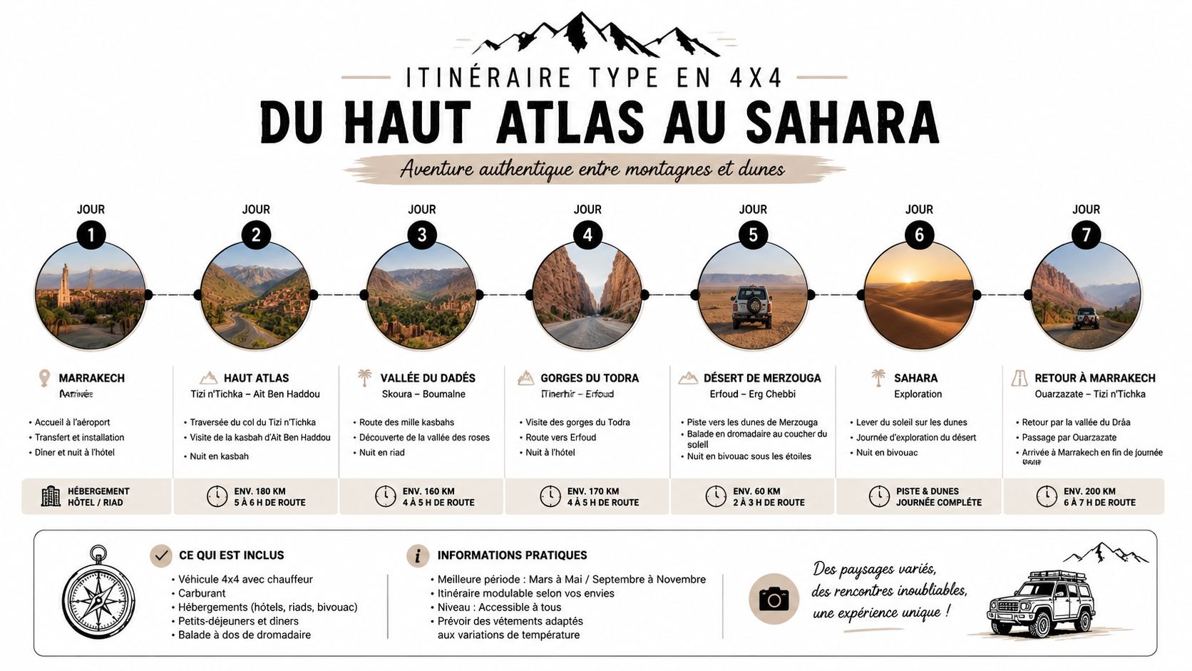 Infographie illustrant un itinéraire de sept jours en 4x4 du Haut Atlas vers le désert du Sahara marocain.