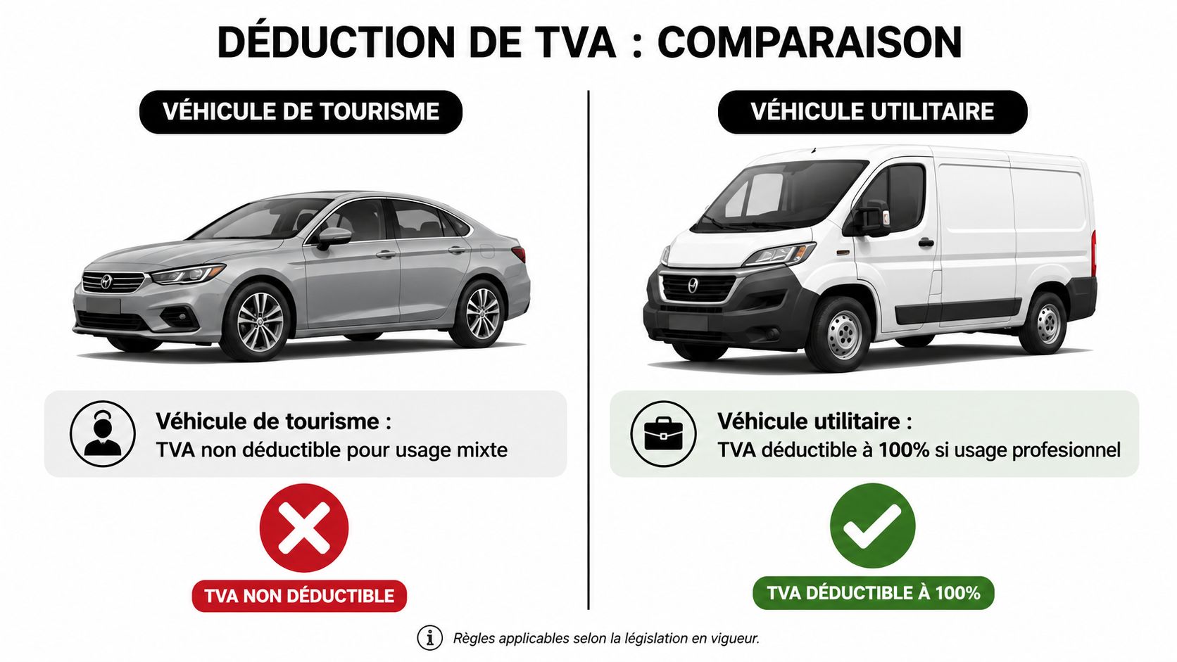 Comparaison entre la déductibilité de la TVA pour un véhicule de tourisme et un véhicule utilitaire.
