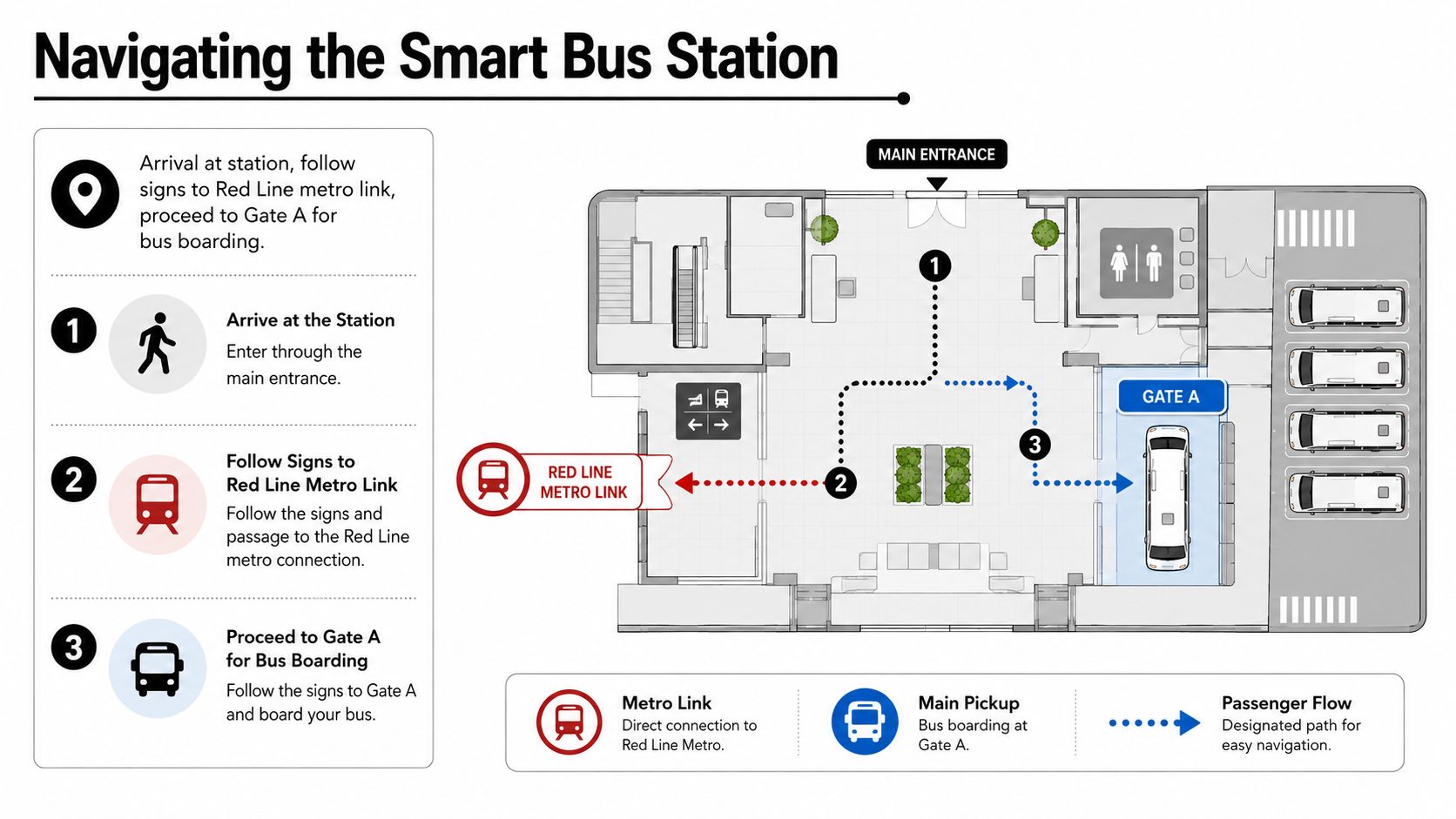 Bus to Mall of Emirates: Routes, Stops and Travel Tips 2 A diagram illustrating the passenger flow path for navigating a smart bus station to reach metro links.
