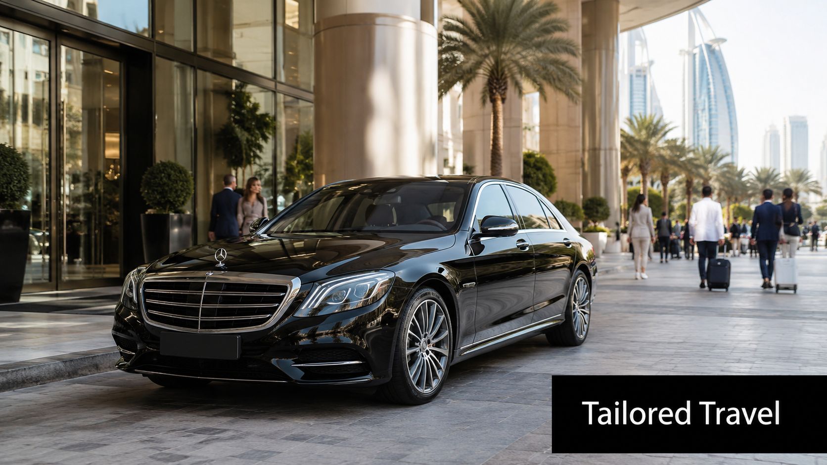Airport Pickup Service Dubai: Your Seamless 2026 Arrival 3 A sleek black luxury sedan parked outside a modern hotel entrance in Dubai with guests arriving nearby.