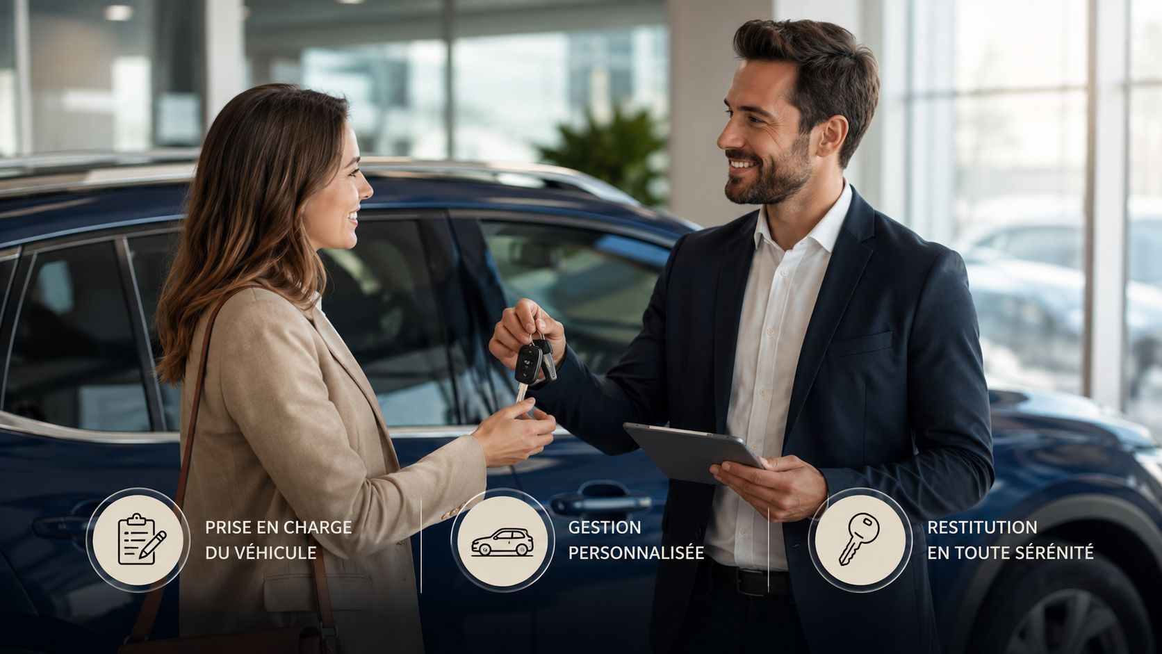 Un conseiller automobile remet les clés d'une voiture à une cliente dans une concession moderne et lumineuse.
