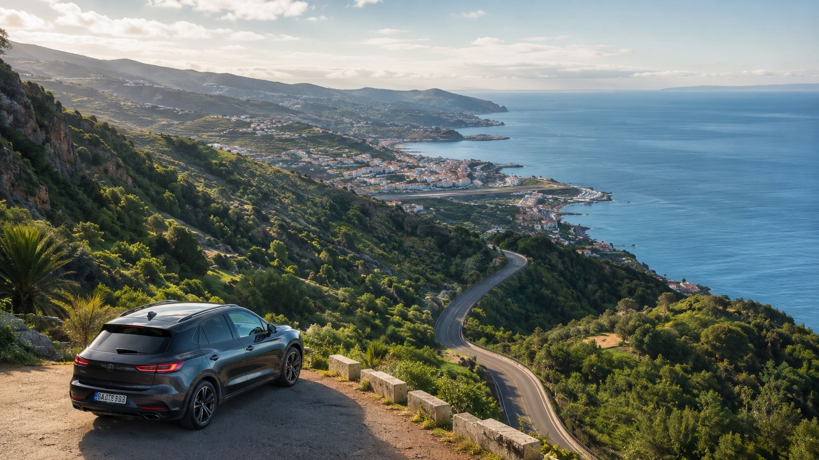 Une voiture de location garée sur une route panoramique surplombant la côte pittoresque de Funchal, Madère.