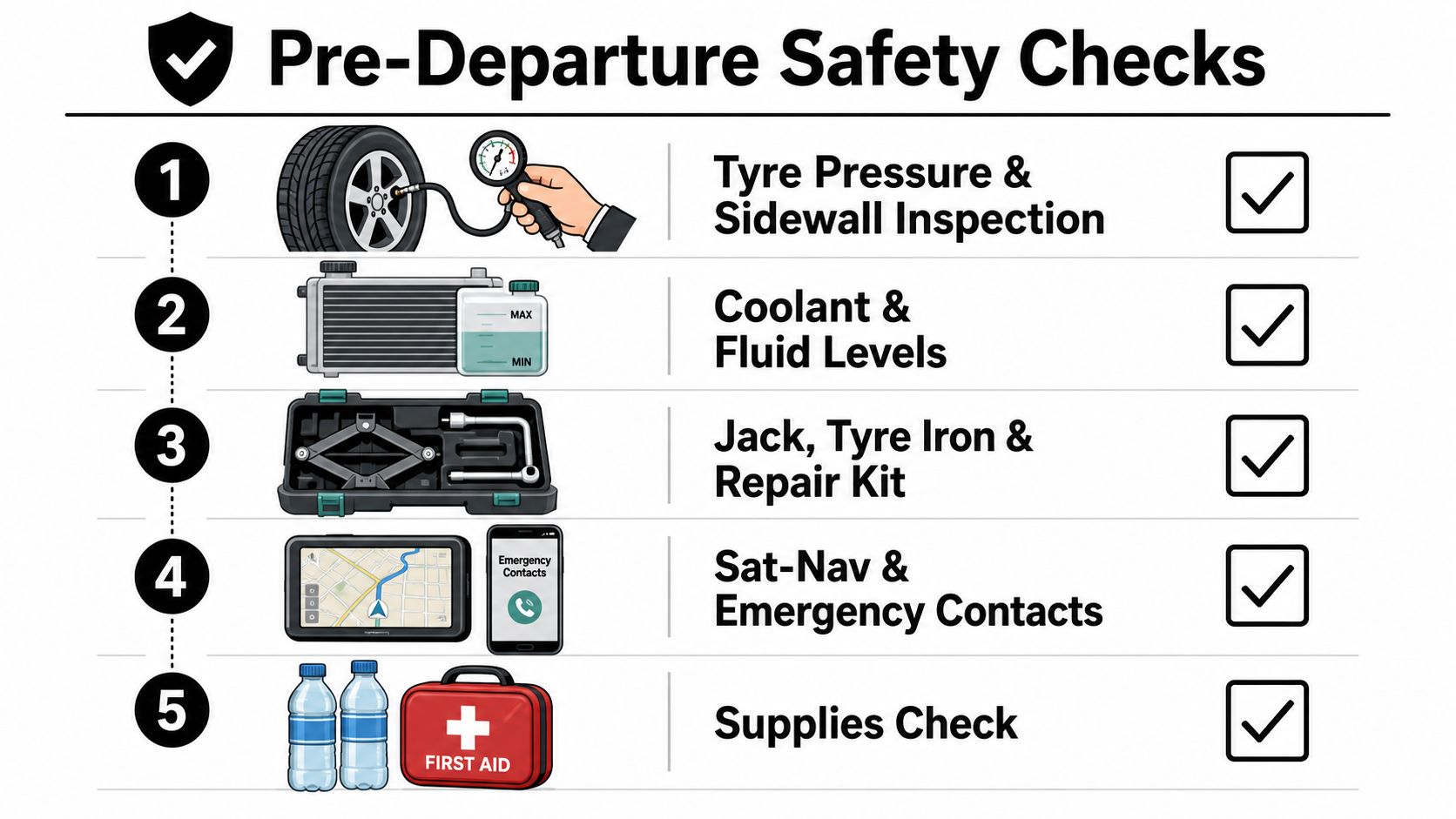 7 Seater Off Road SUV Guide for Desert Adventures 2 A safety checklist infographic for vehicle preparation before departing on a long journey.