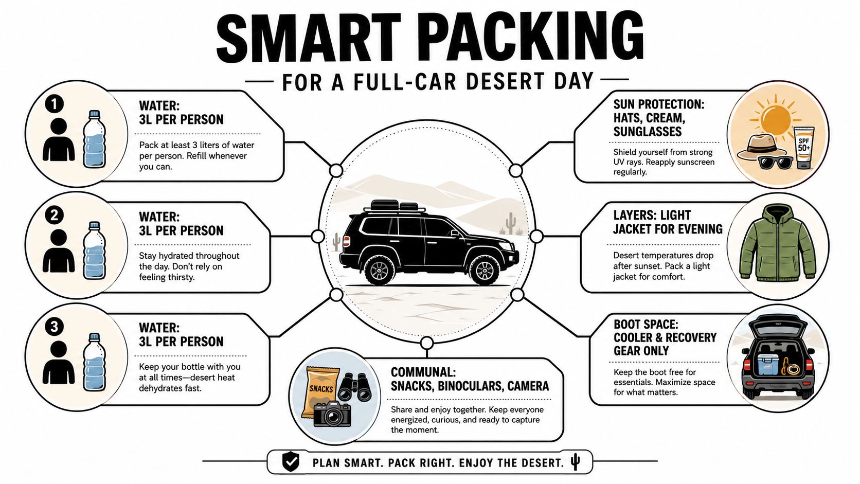 7 Seater Off Road SUV Guide for Desert Adventures 3 An infographic titled Smart Packing for a Full-Car Desert Day showing essential travel supplies for desert trips.
