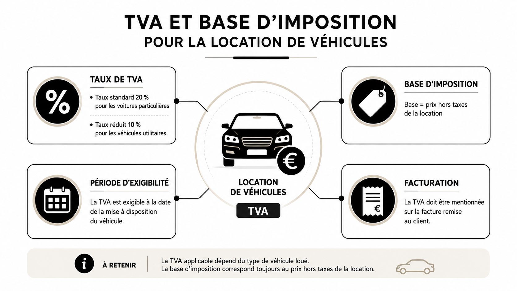 Infographie expliquant les règles de TVA et la base d'imposition pour la location de véhicules en France.