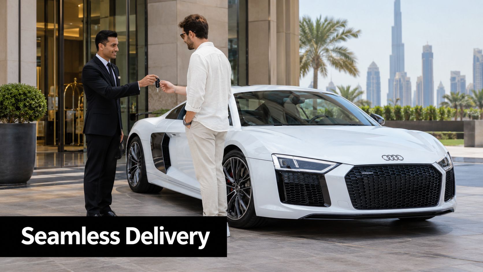 A professional valet handing car keys to a customer in front of a white luxury Audi R8 sports car.