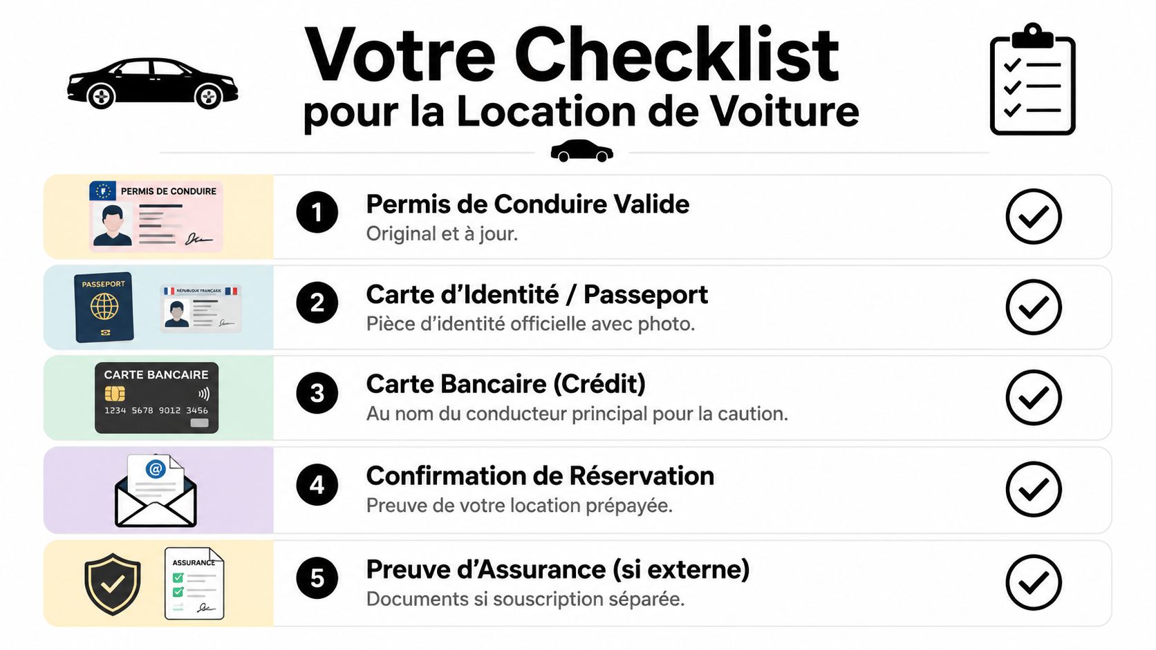 Une checklist pour la location de voiture listant les documents nécessaires comme le permis, la pièce d'identité et la carte bancaire.