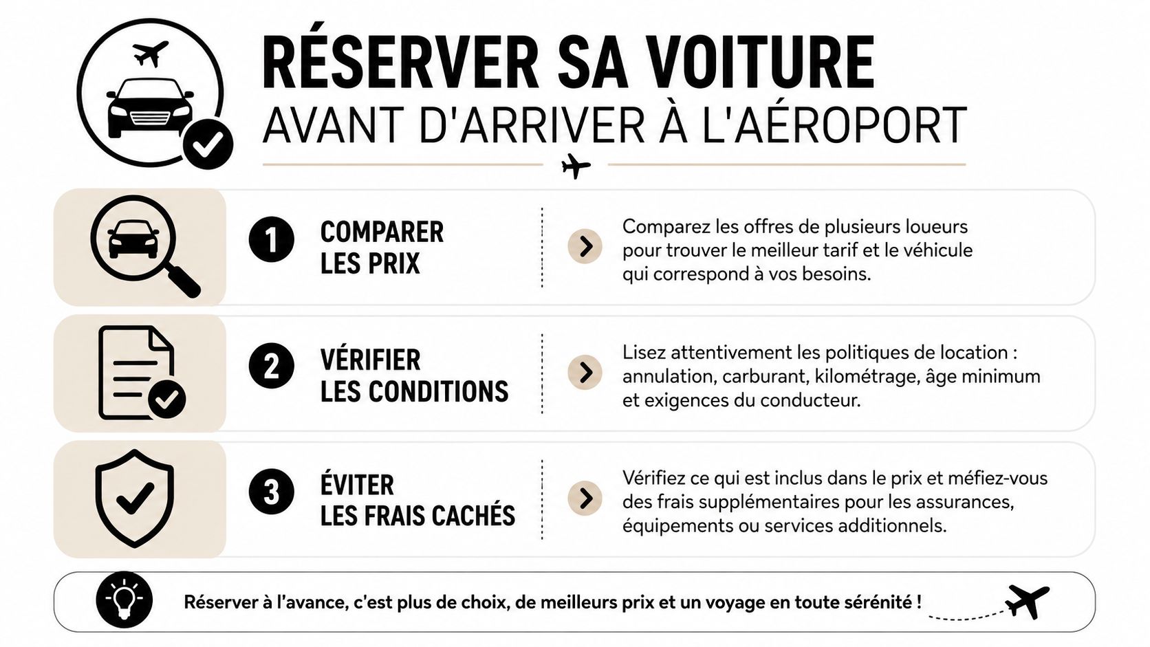 Rental car Nice aéroport : guide complet 2026 1 Infographie pratique détaillant trois étapes clés pour bien réserver une voiture de location avant d'arriver à l'aéroport.