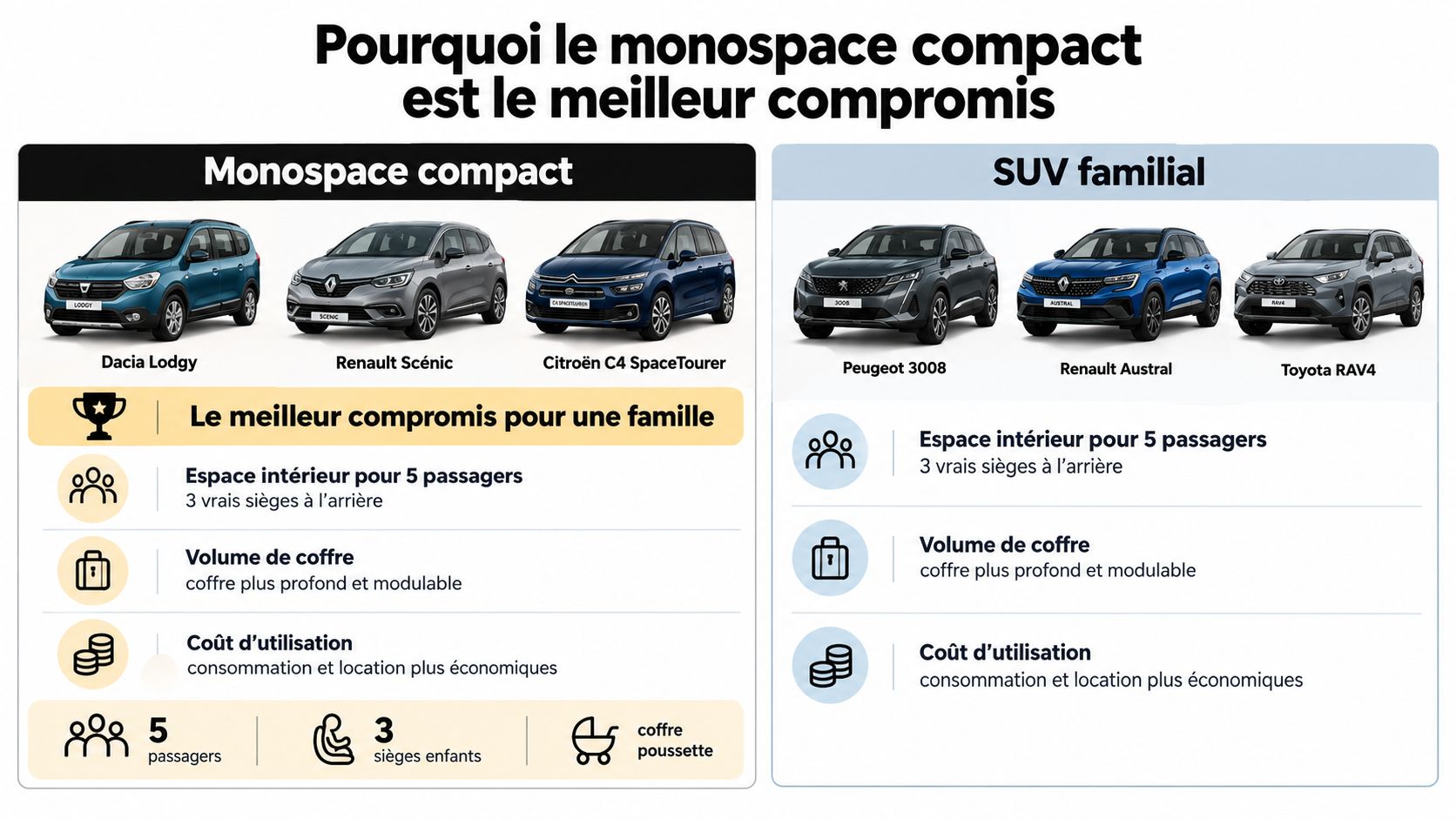 Infographie comparant les avantages des monospaces compacts et des SUV familiaux pour les besoins des familles.