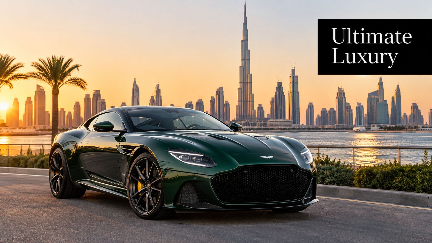Aston Martin Price in Dubai: Full 2026 Buying & Rental Guide 1 A stunning green Aston Martin sports car parked against the iconic Dubai skyline at sunset.