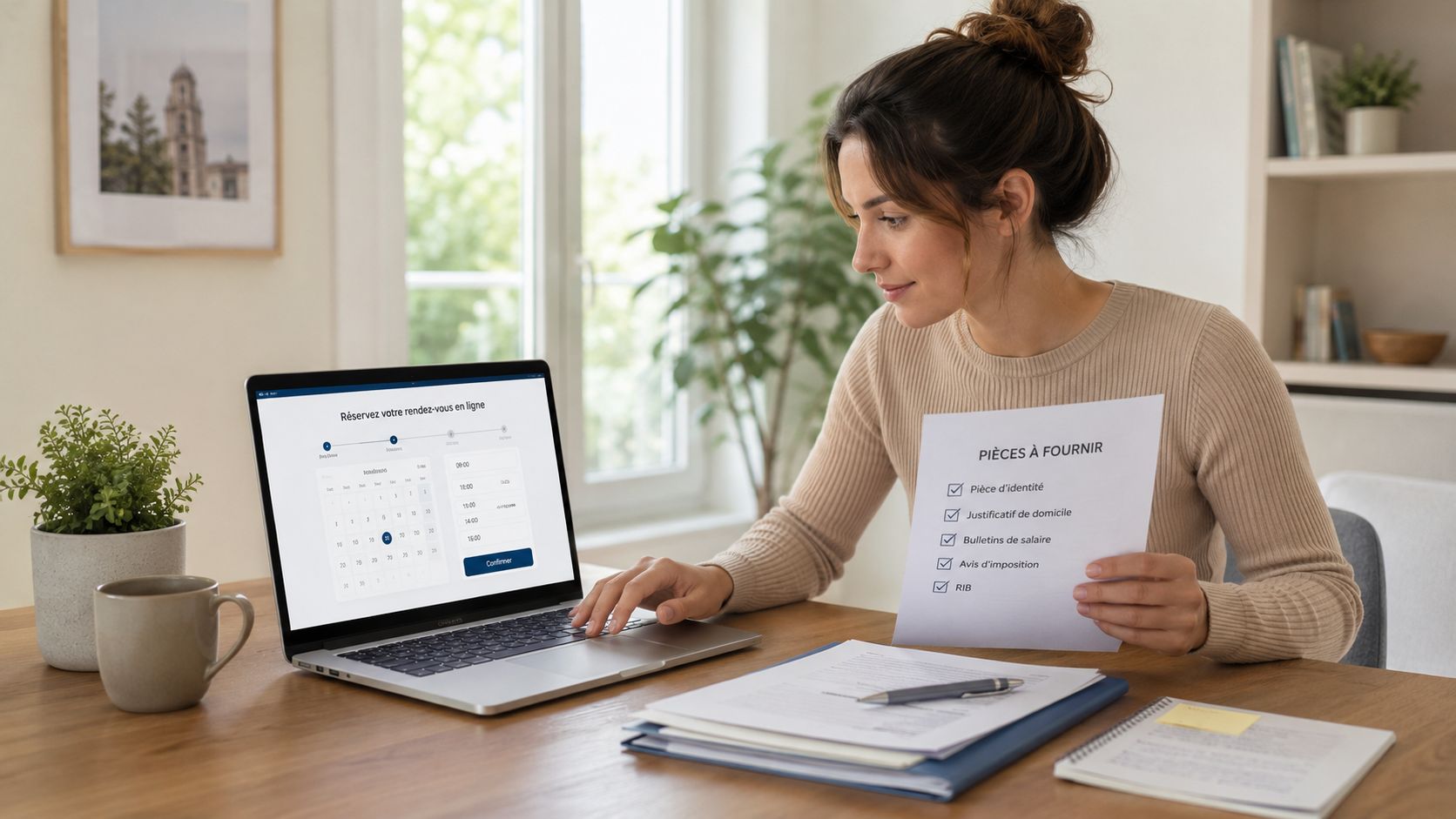 Une femme assise à un bureau réservant un rendez-vous en ligne avec une liste de documents requis.