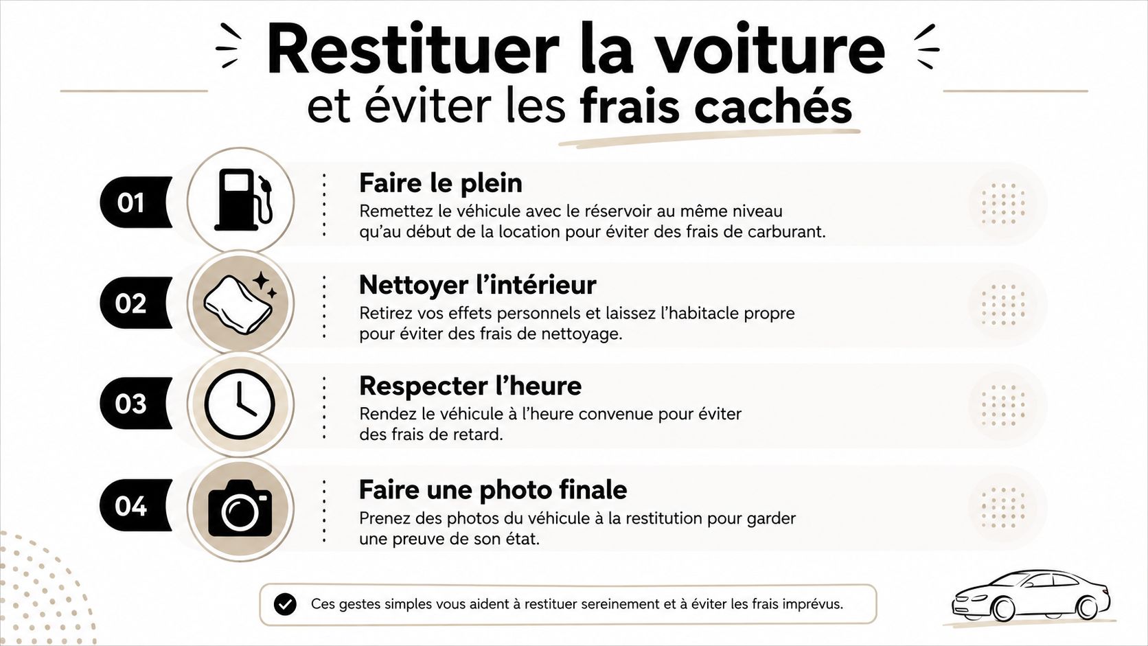 Rental car Nice aéroport : guide complet 2026 4 Une infographie pratique listant quatre conseils essentiels pour restituer une voiture de location et éviter des frais.