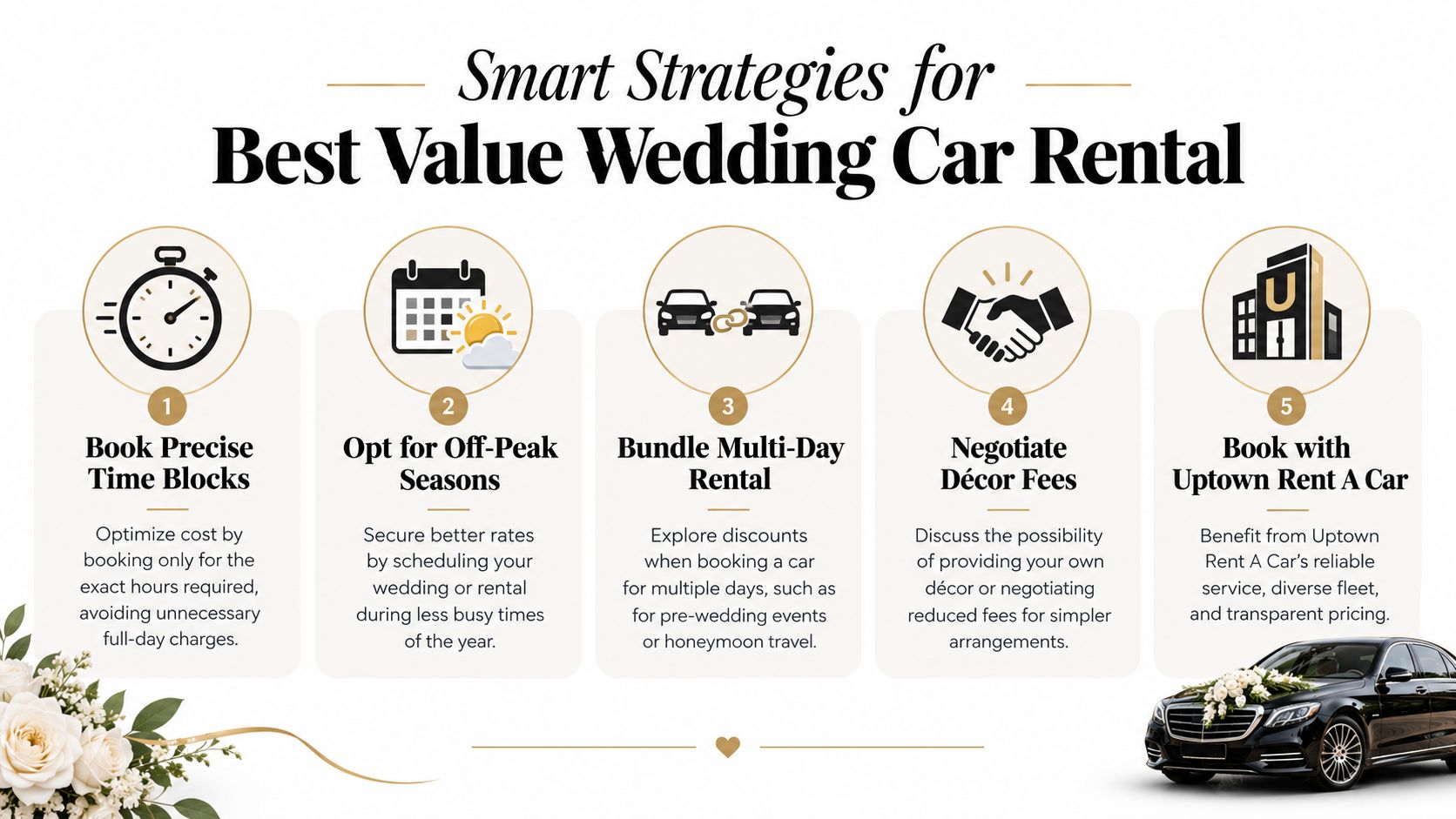Wedding Car Rental Prices in Dubai Complete Cost Breakdown 3 An infographic titled Smart Strategies for Best Value Wedding Car Rental, outlining five money-saving tips.