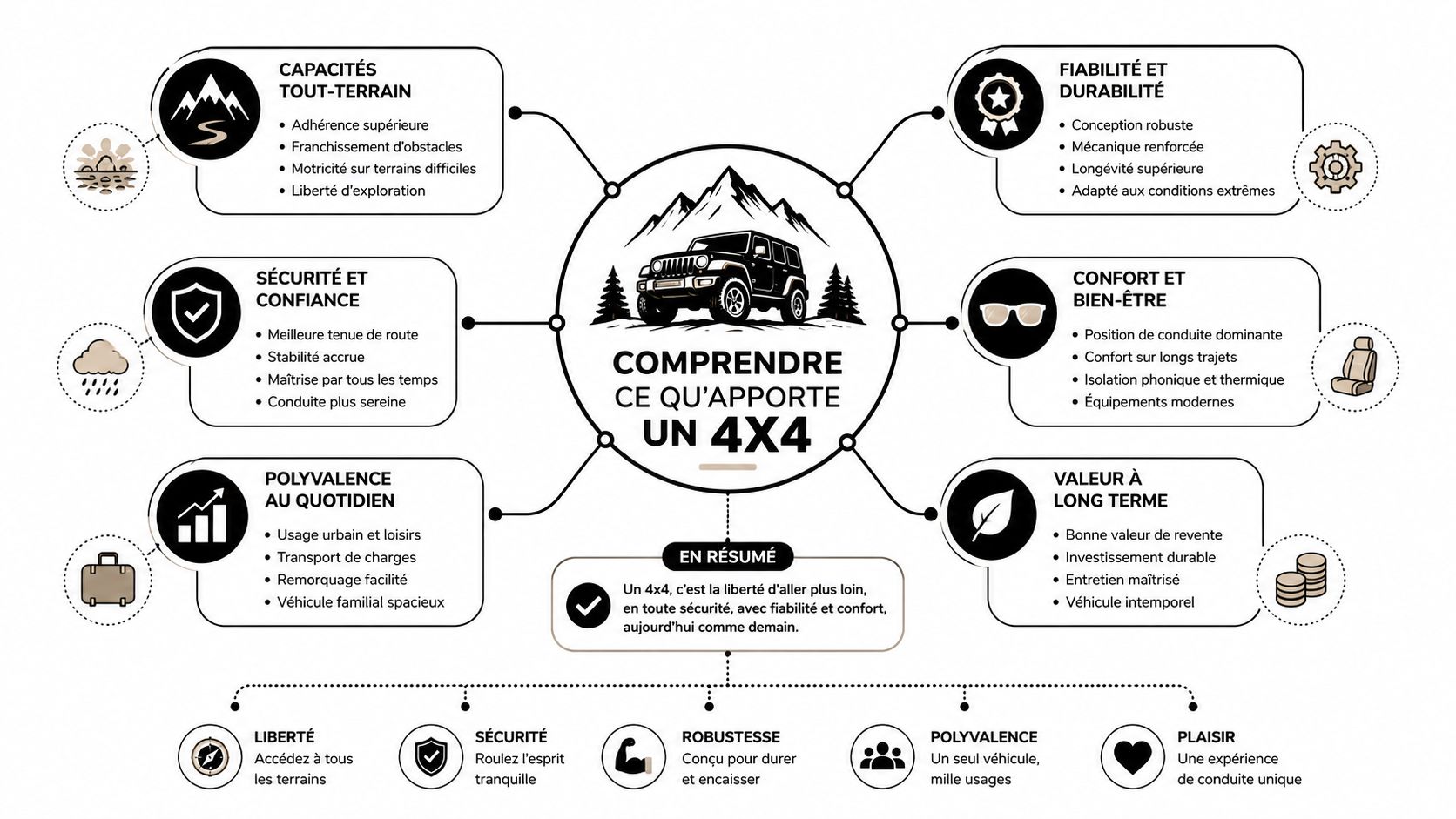 Une infographie détaillée illustrant les avantages principaux de posséder un véhicule tout-terrain 4x4 au quotidien.