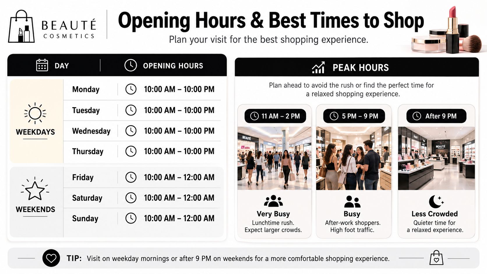 Sephora Dalma Mall: Your Complete Visitor Guide for 2026 2 A schedule board displaying Beauté Cosmetics opening hours and peak times for a better shopping experience.