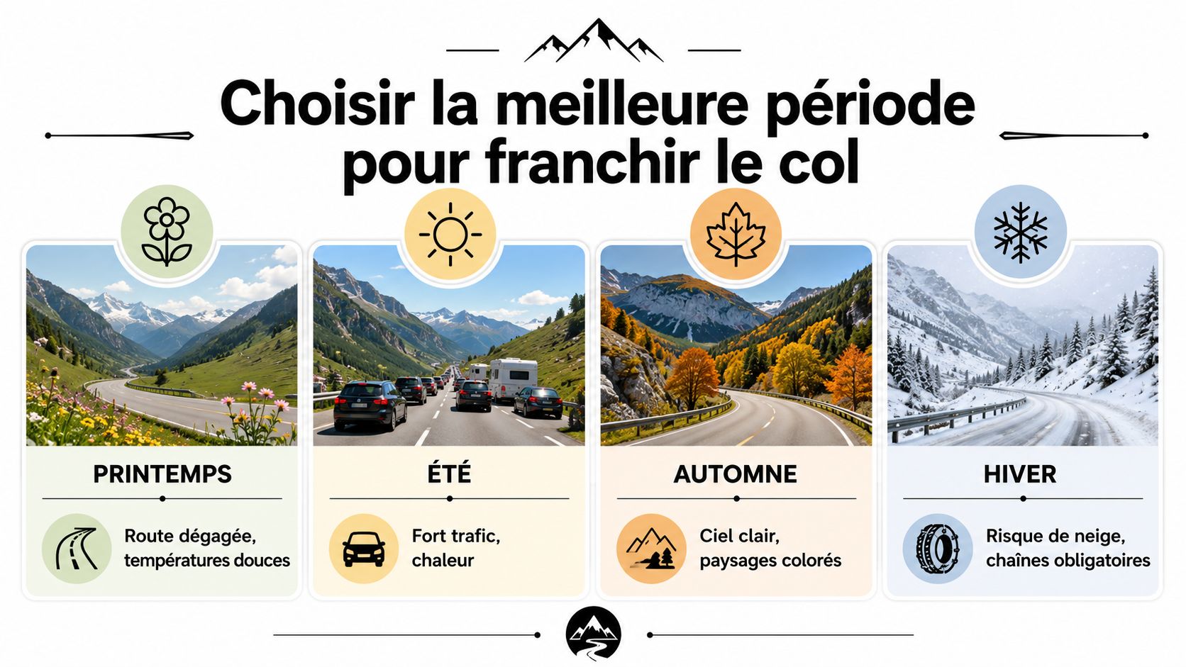 Col de tizi n tichka 3 Une infographie montrant les quatre saisons et les conditions de circulation pour traverser un col de montagne.