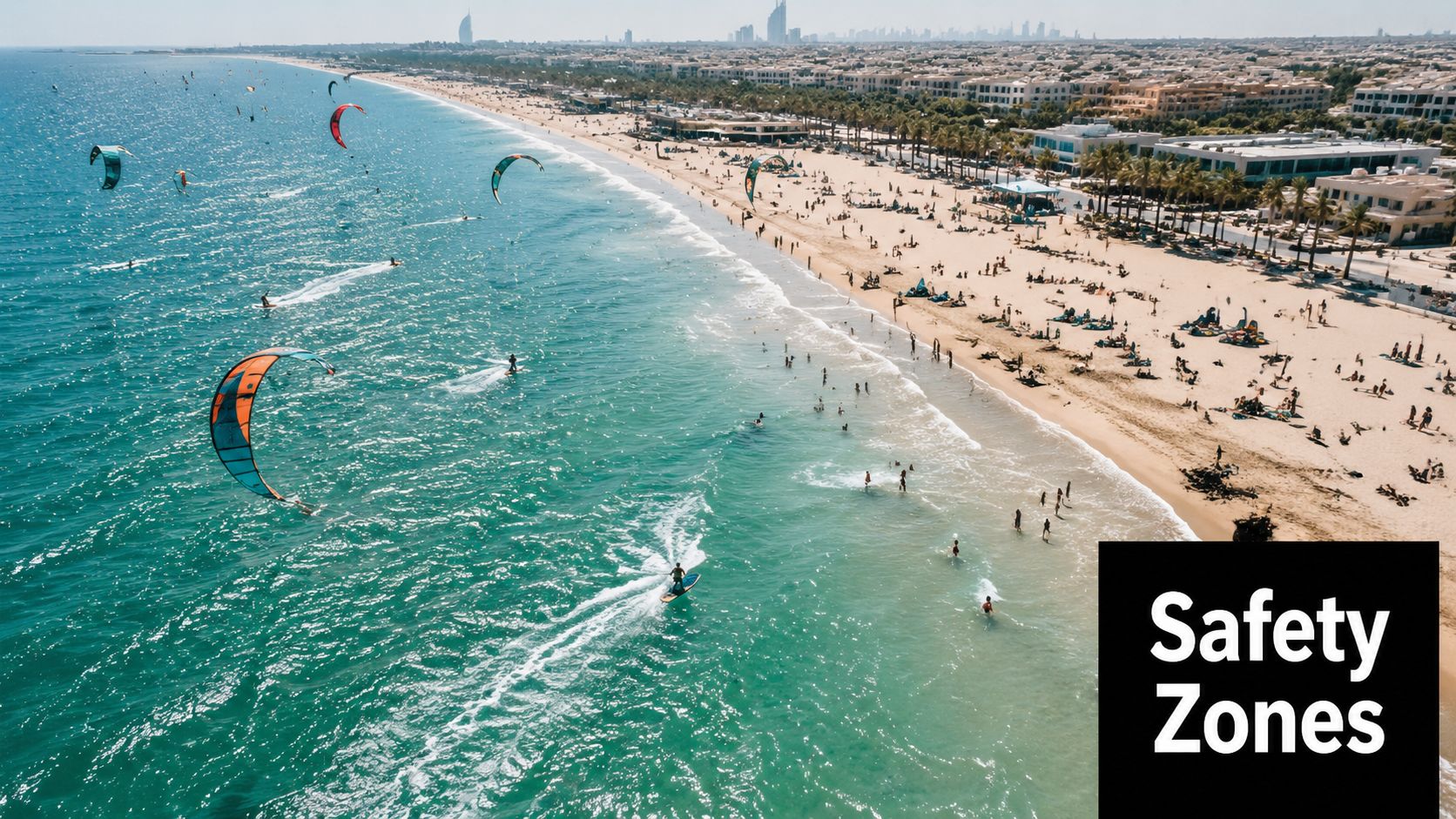 Aerial view of people kitesurfing and relaxing on a sunny beach in Dubai with city skyline.