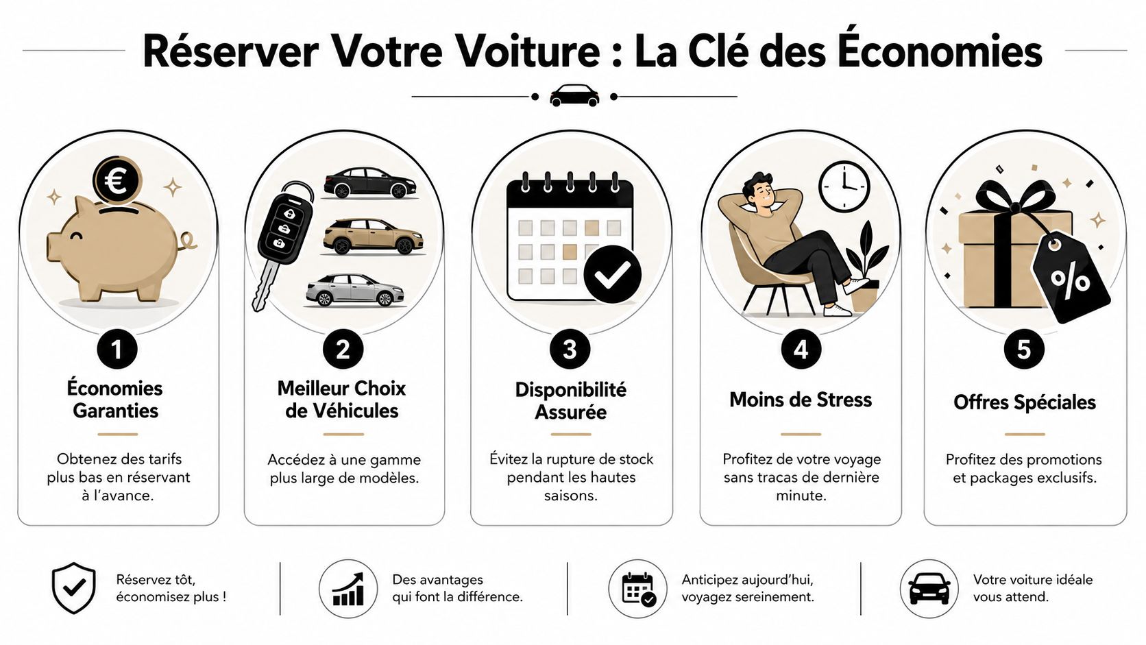Infographie illustrant les cinq principaux avantages de réserver sa location de voiture à l'avance pour voyager sereinement.
