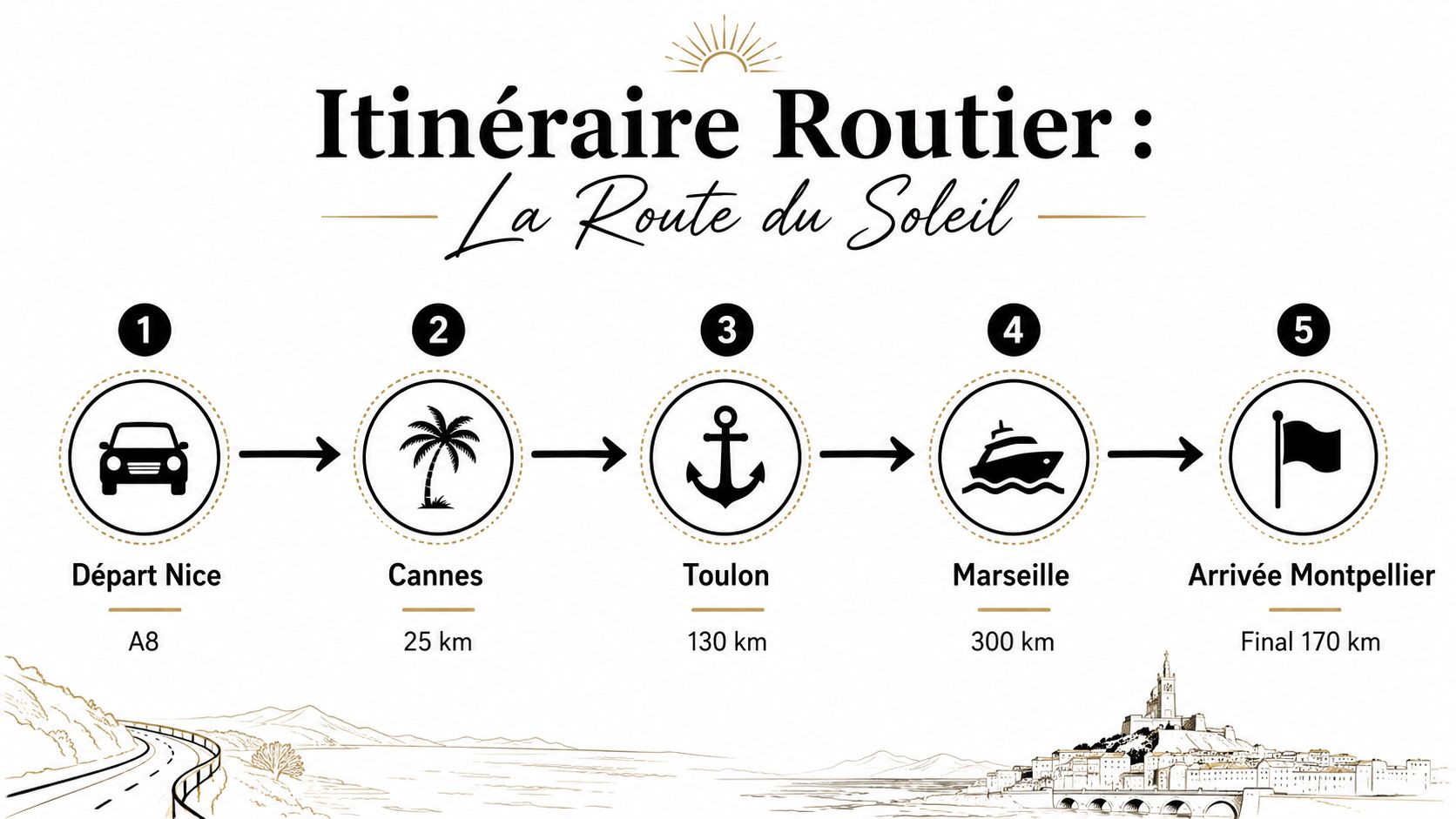 Une infographie montrant l'itinéraire routier de la Route du Soleil au départ de Nice vers Montpellier.