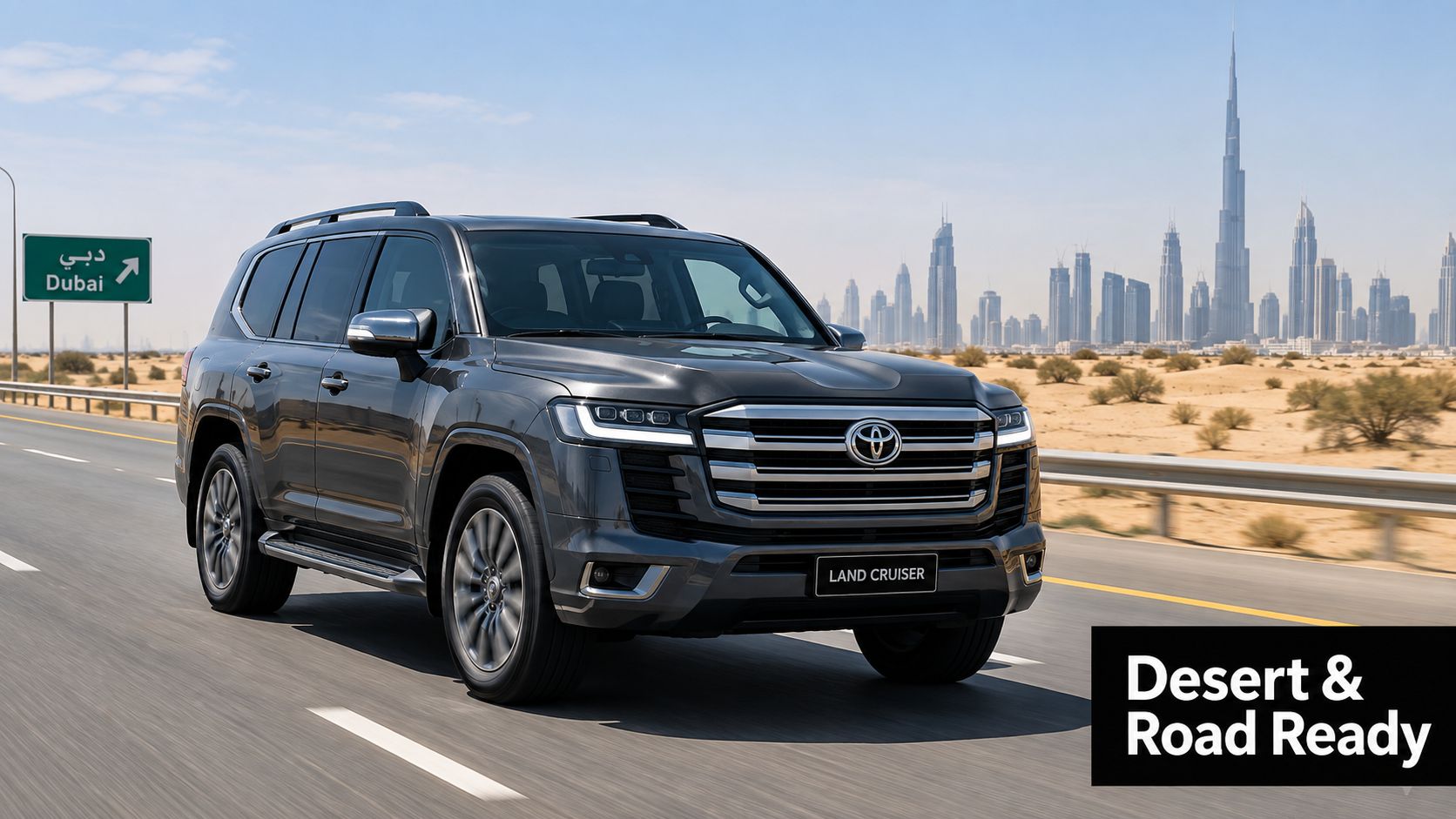 Land Cruiser for Rent in Dubai: The Complete 2026 Guide 3 A dark grey Toyota Land Cruiser driving on a desert highway with the Dubai skyline in background.