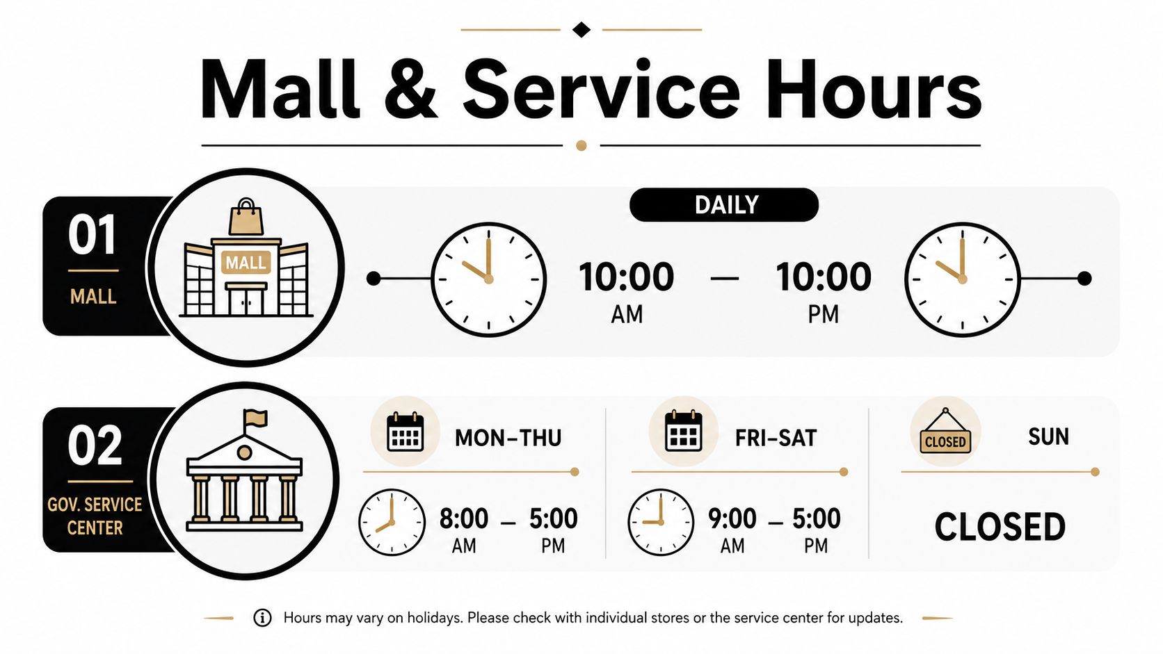 A schedule board displaying the daily operating hours for the mall and the government service center.