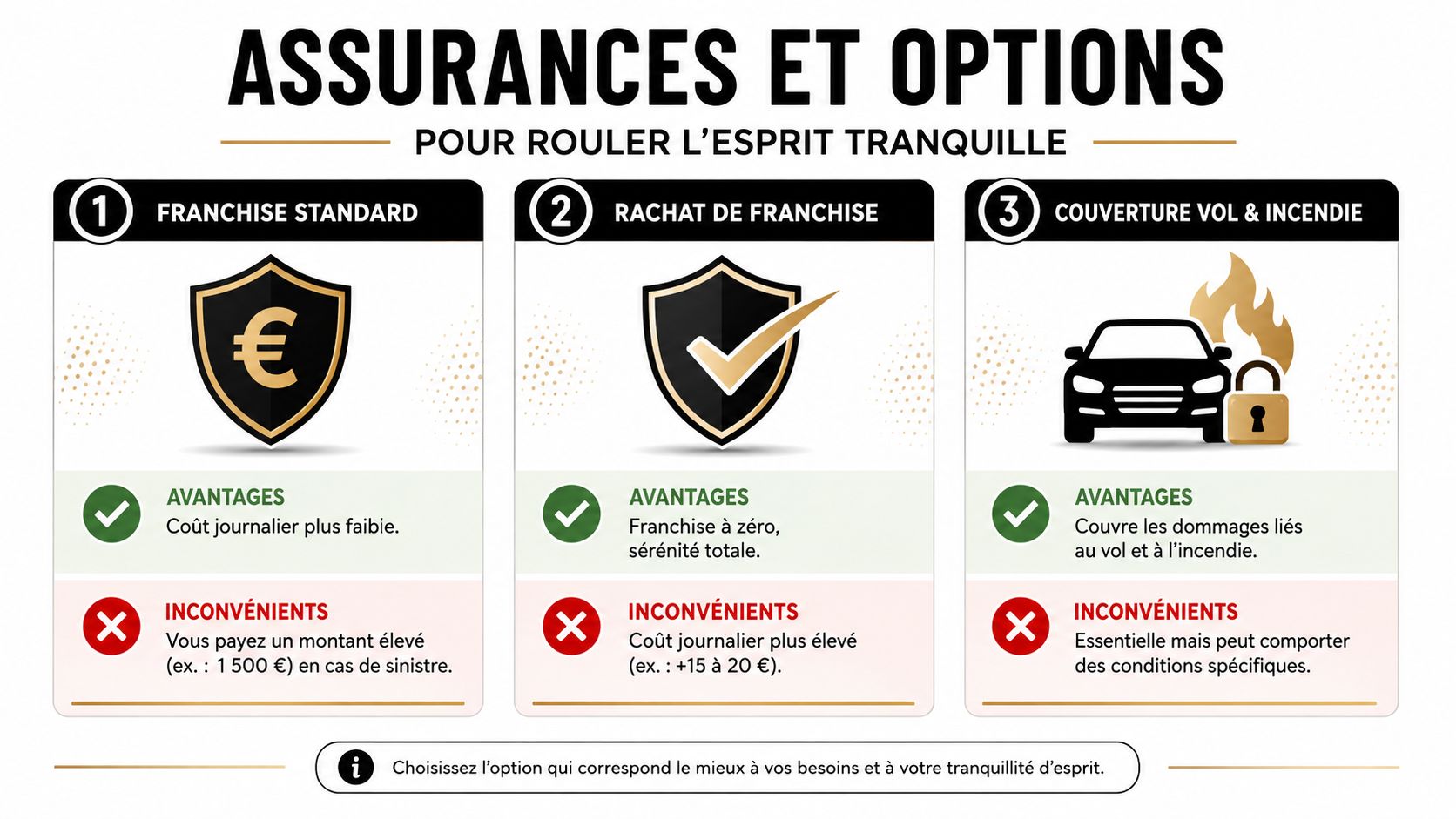 Tableau comparatif des différentes options d'assurances pour la location d'une voiture afin de rouler en toute tranquillité.